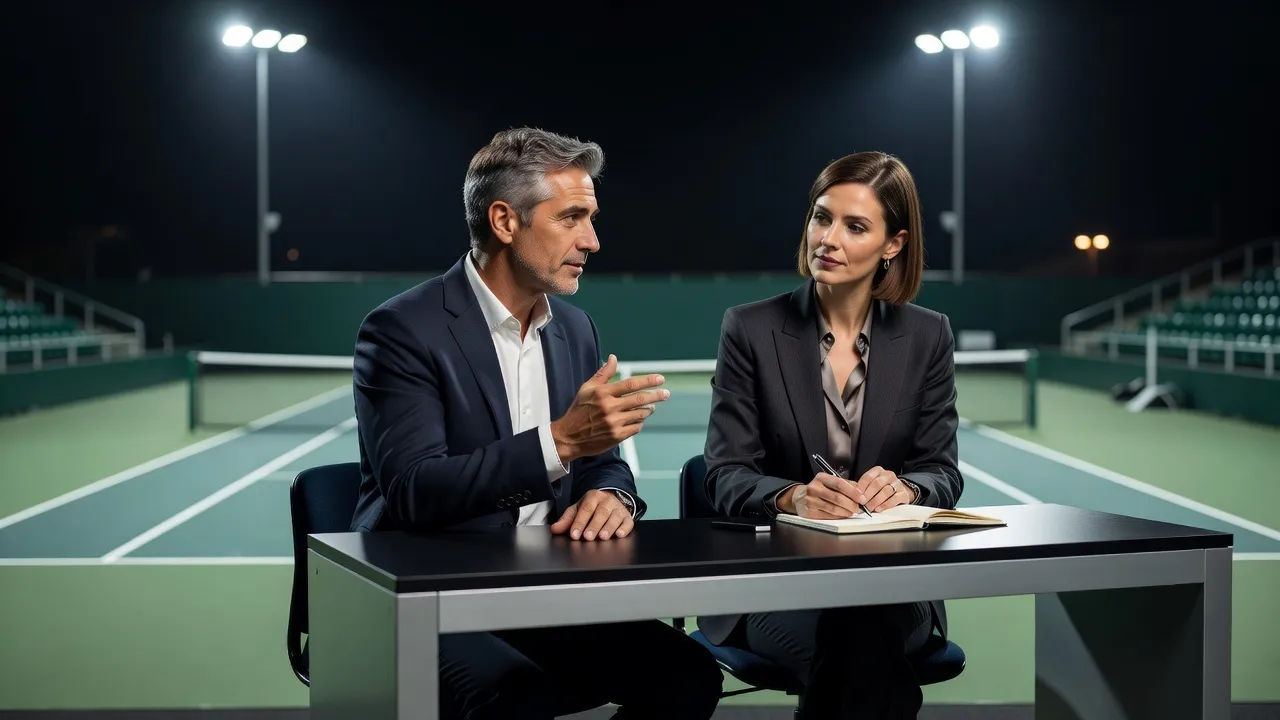 Two tennis commentators at a courtside desk above a floodlit court