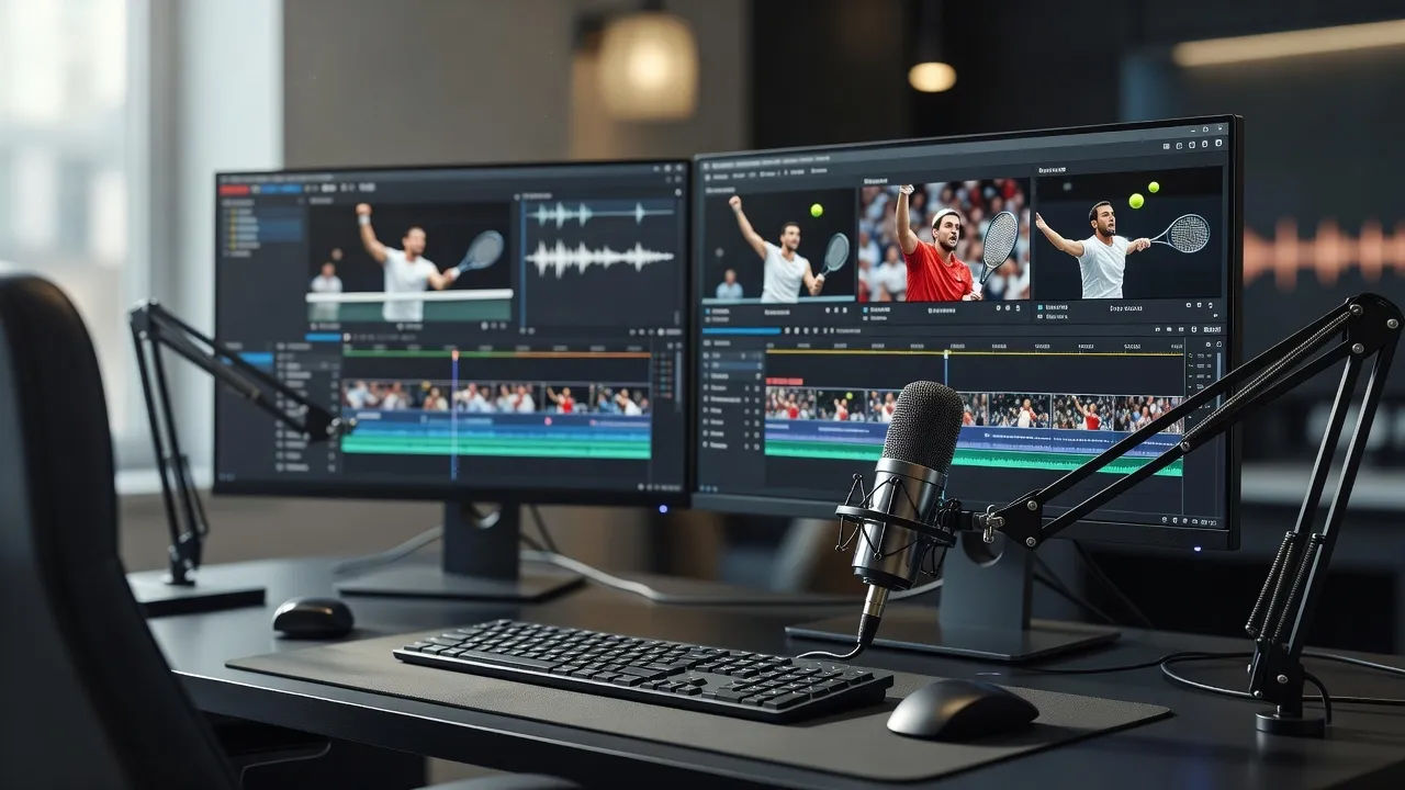 Editing bay with a tennis highlight timeline and a commentary mic