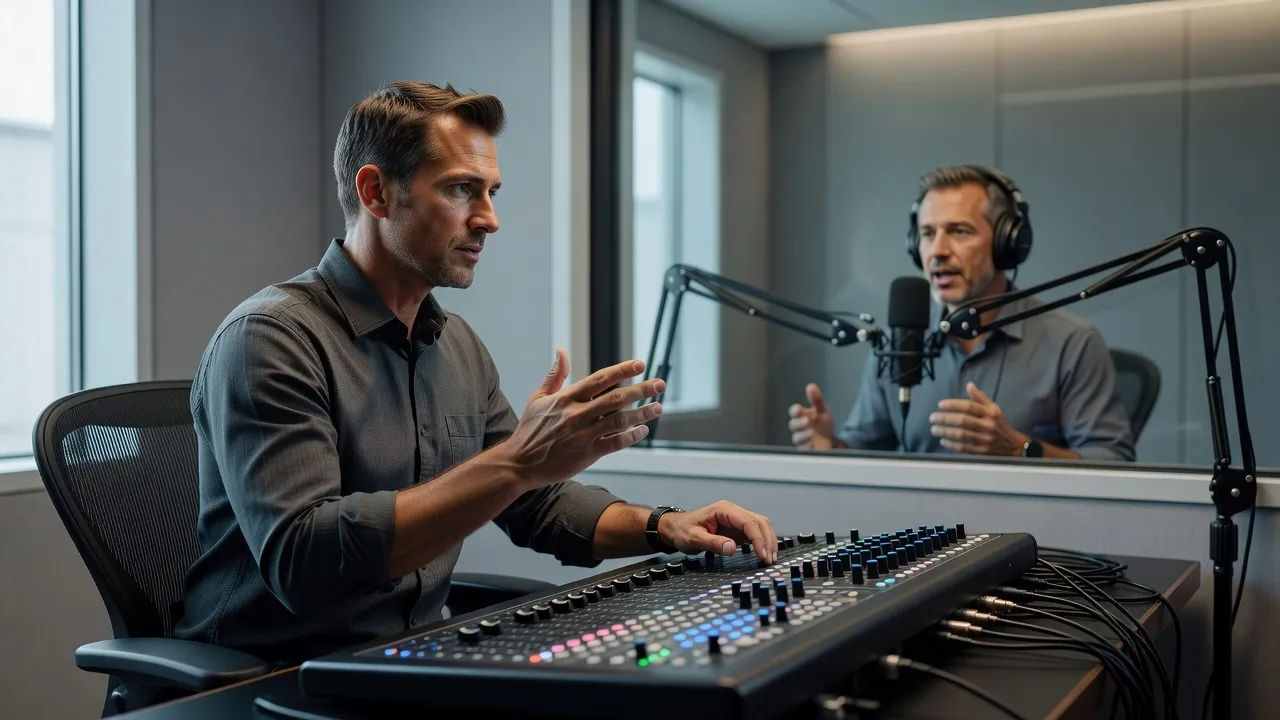 Sound designer directing a tennis commentary voice at a console