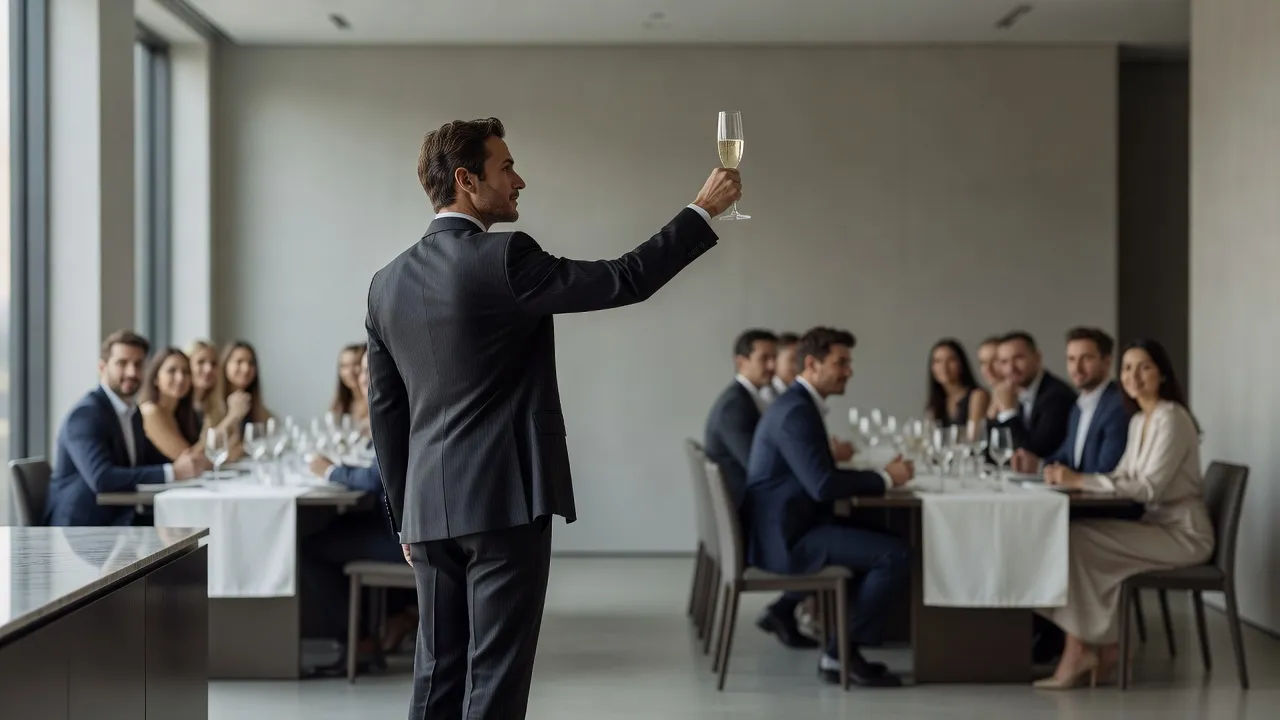 Speaker at a reception raising a glass mid-toast, guests seated behind