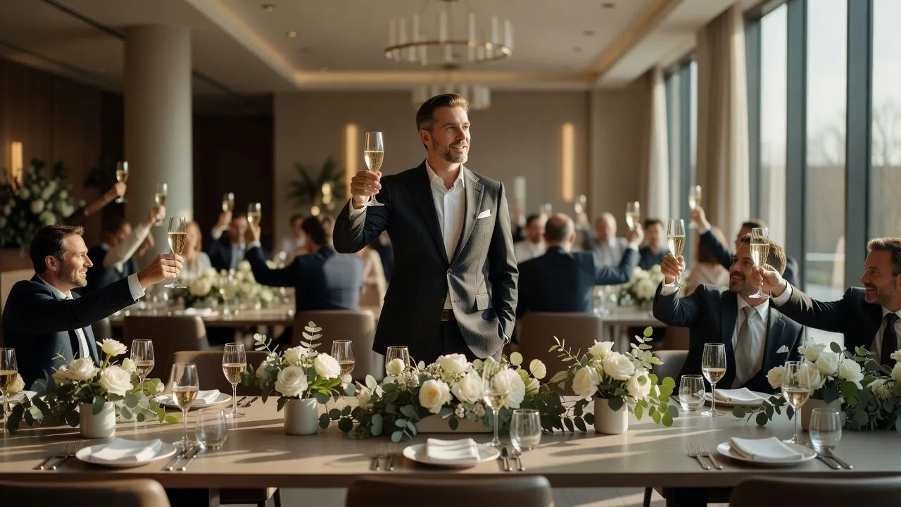 Wedding head table with a speaker standing, glasses raised across the room