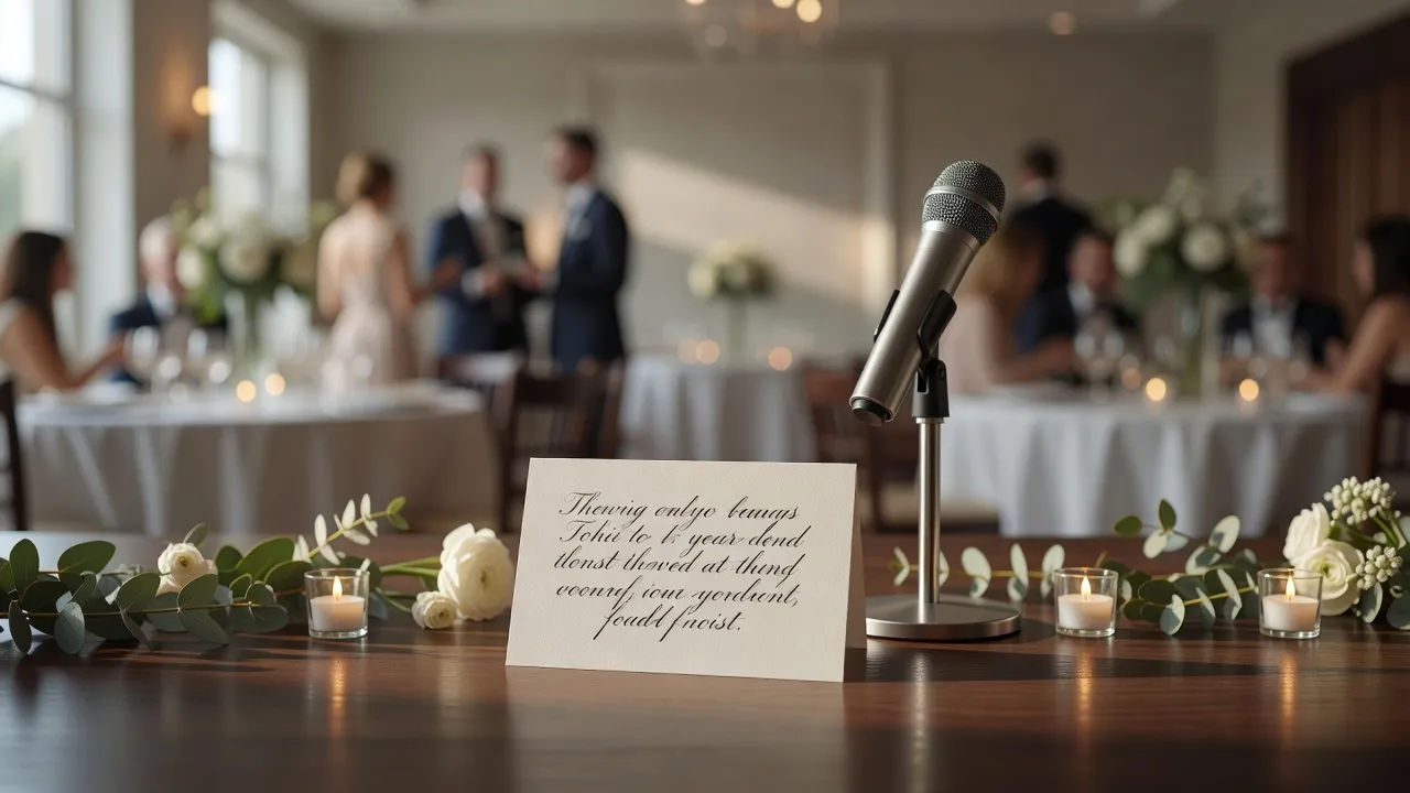 Handwritten toast card beside a microphone at a decorated reception