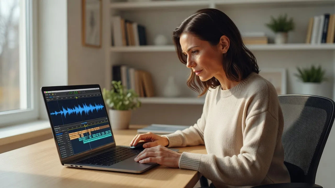 Editor shaping a warm toast voice at a laptop with a party timeline