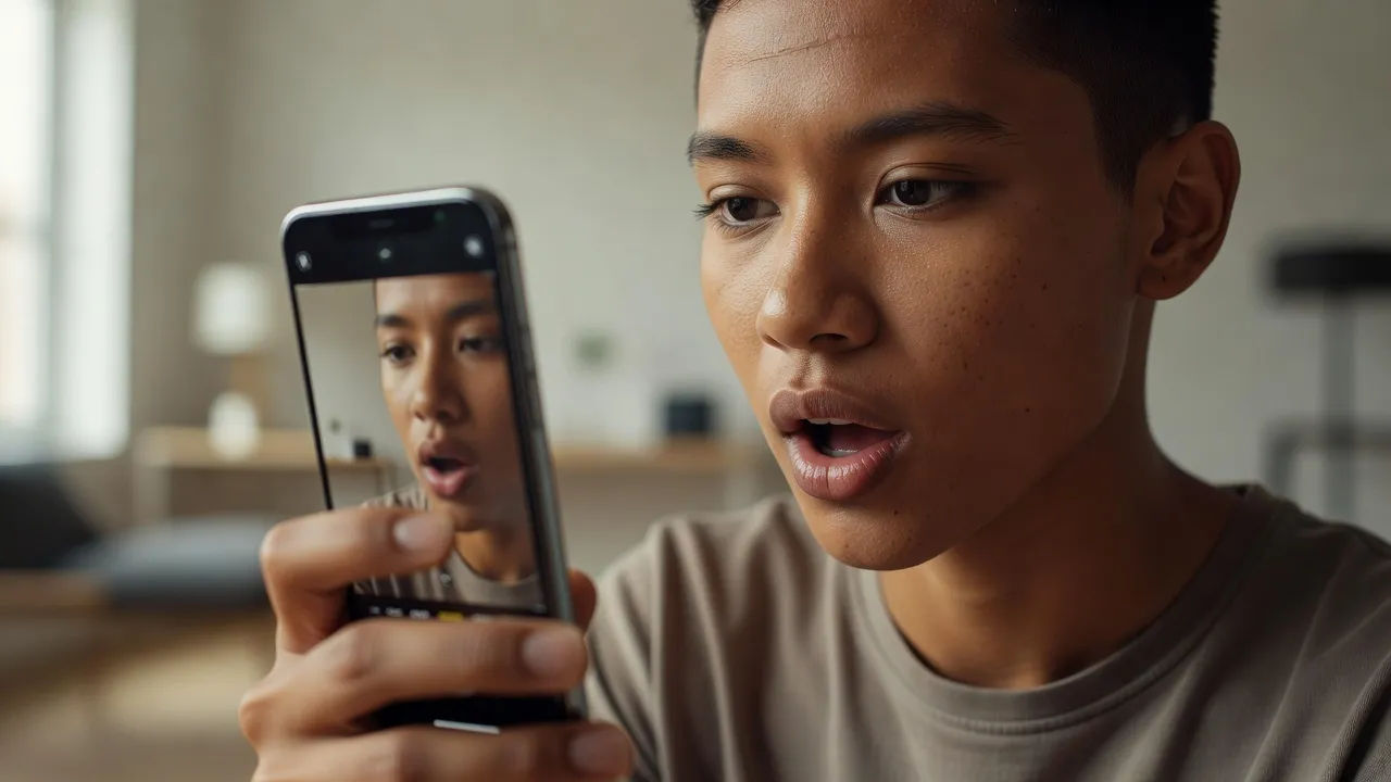 Creator mouthing a looping audio line to a phone camera