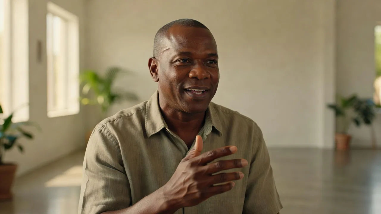 Warm Trinidadian host speaking to camera in a sunlit studio