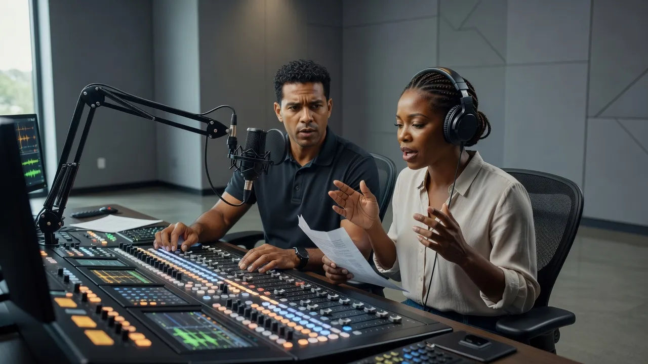 Two Trinidadian voice actors recording a dubbing session at a mixing desk