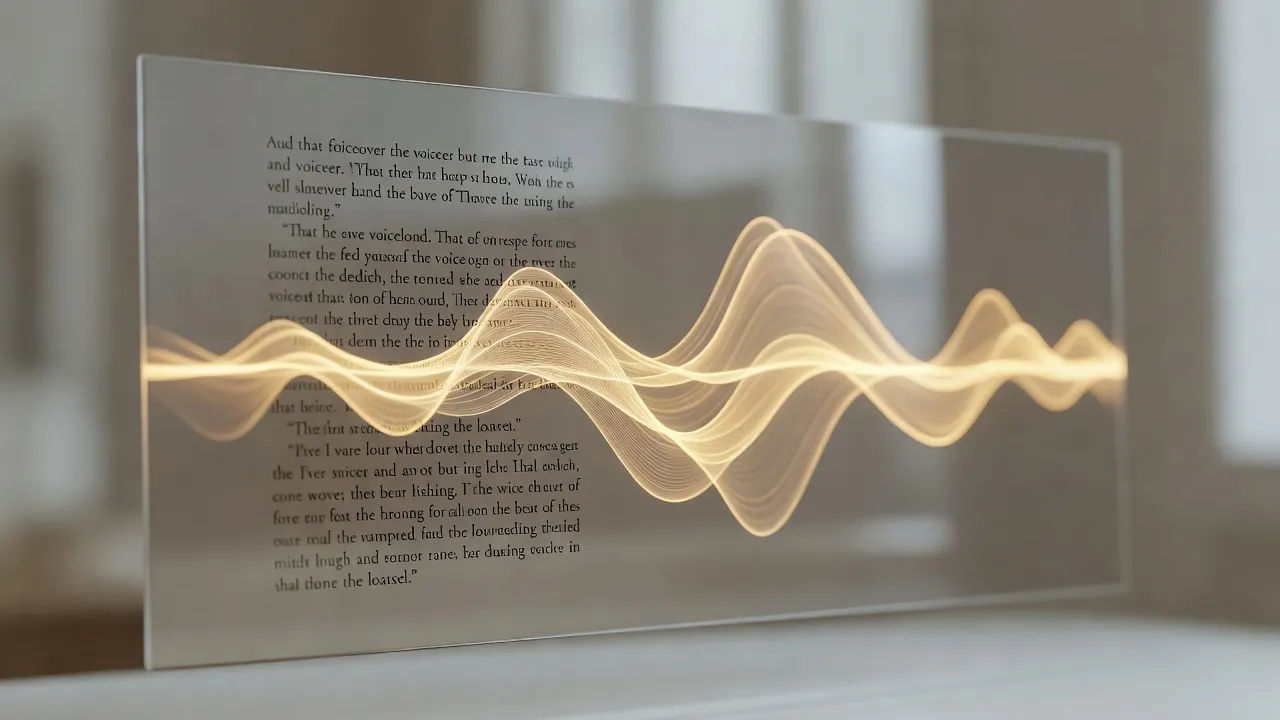 Audiobook script on screen turning into a warm voiceover waveform