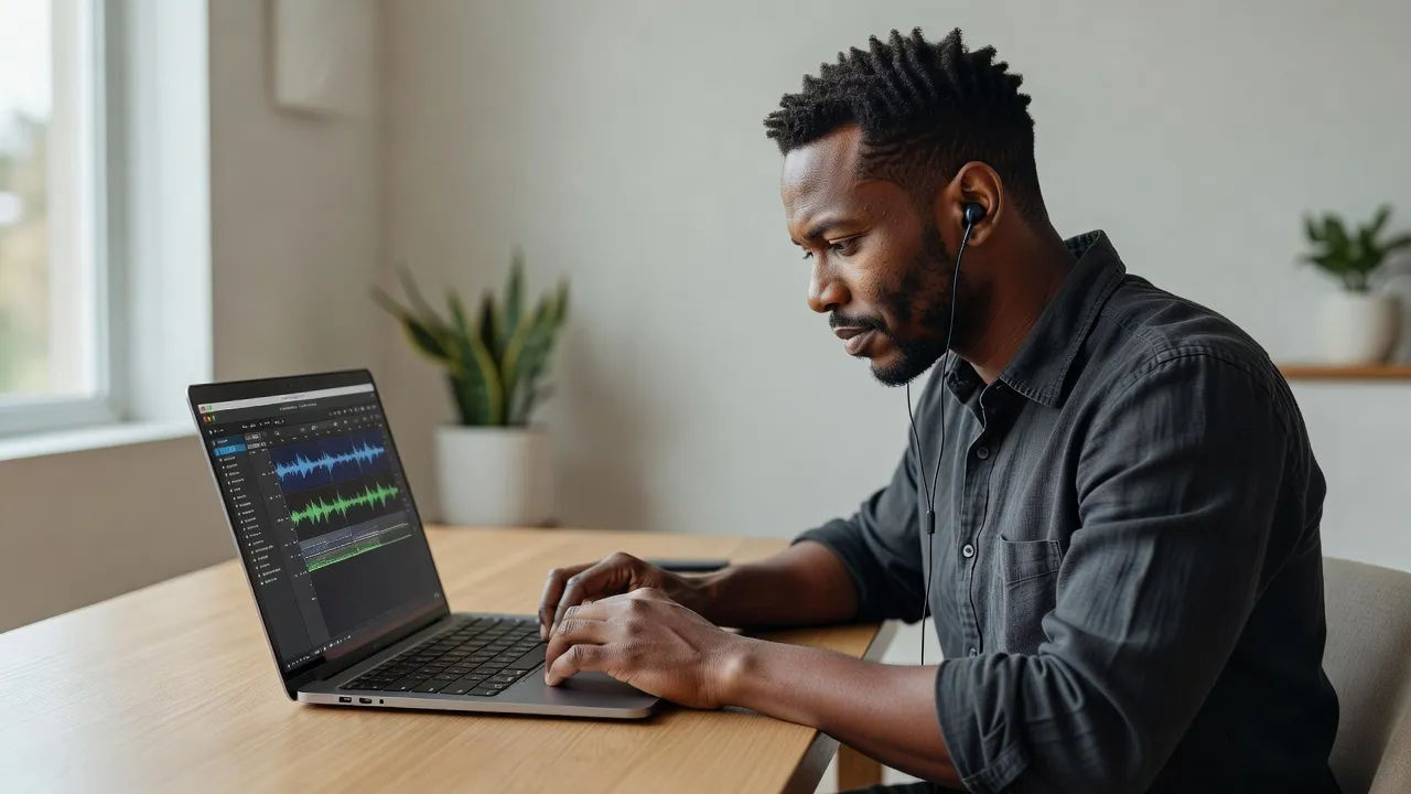 Editor adjusting a Trinidadian accent voice prompt on a laptop