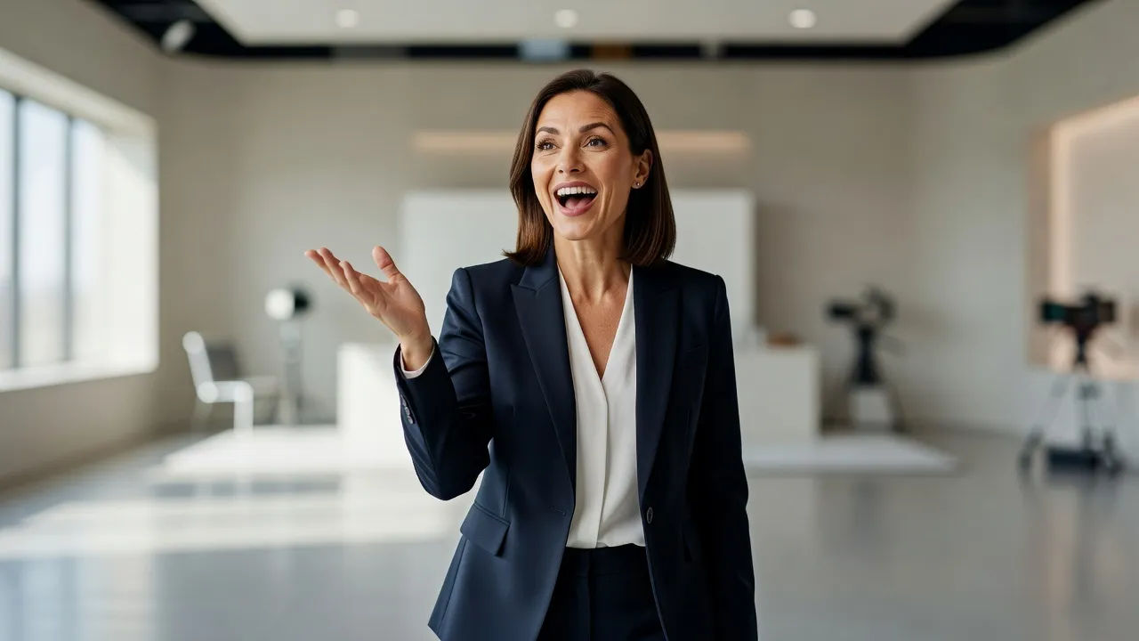 Presenter singing a commercial hook on a bright set