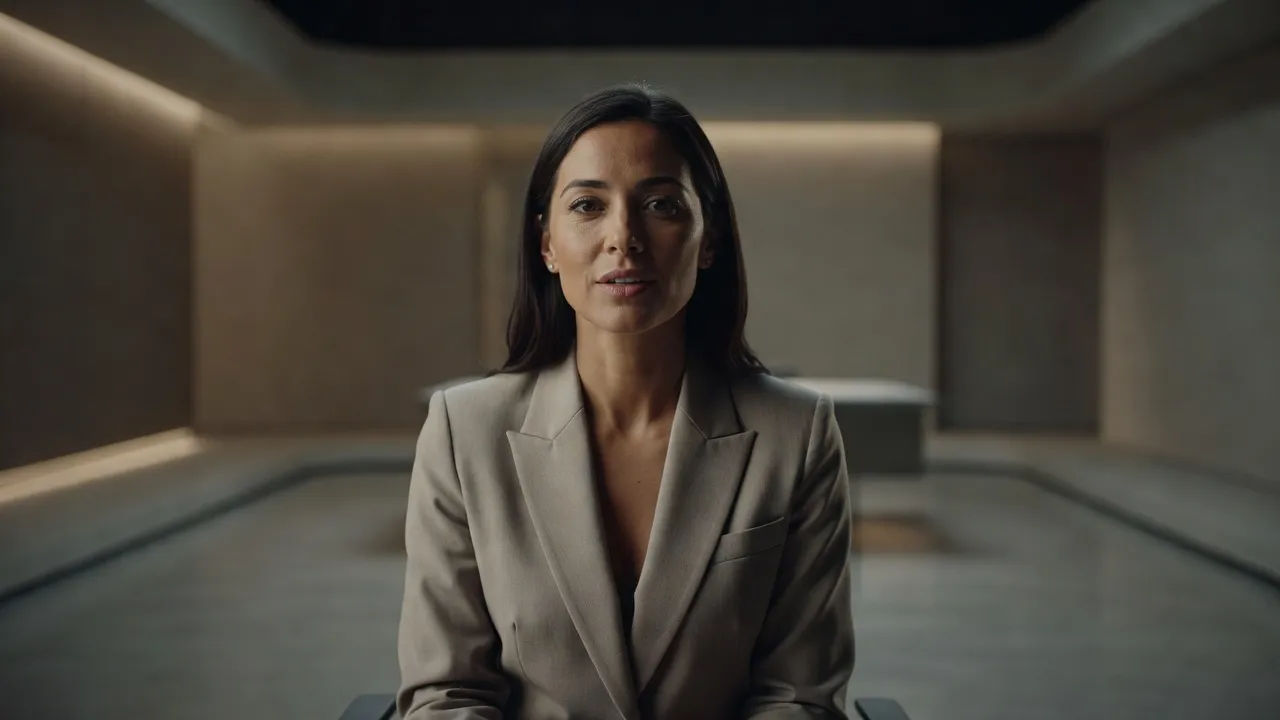 Host seated in a dim studio speaking to camera with a subtle key light