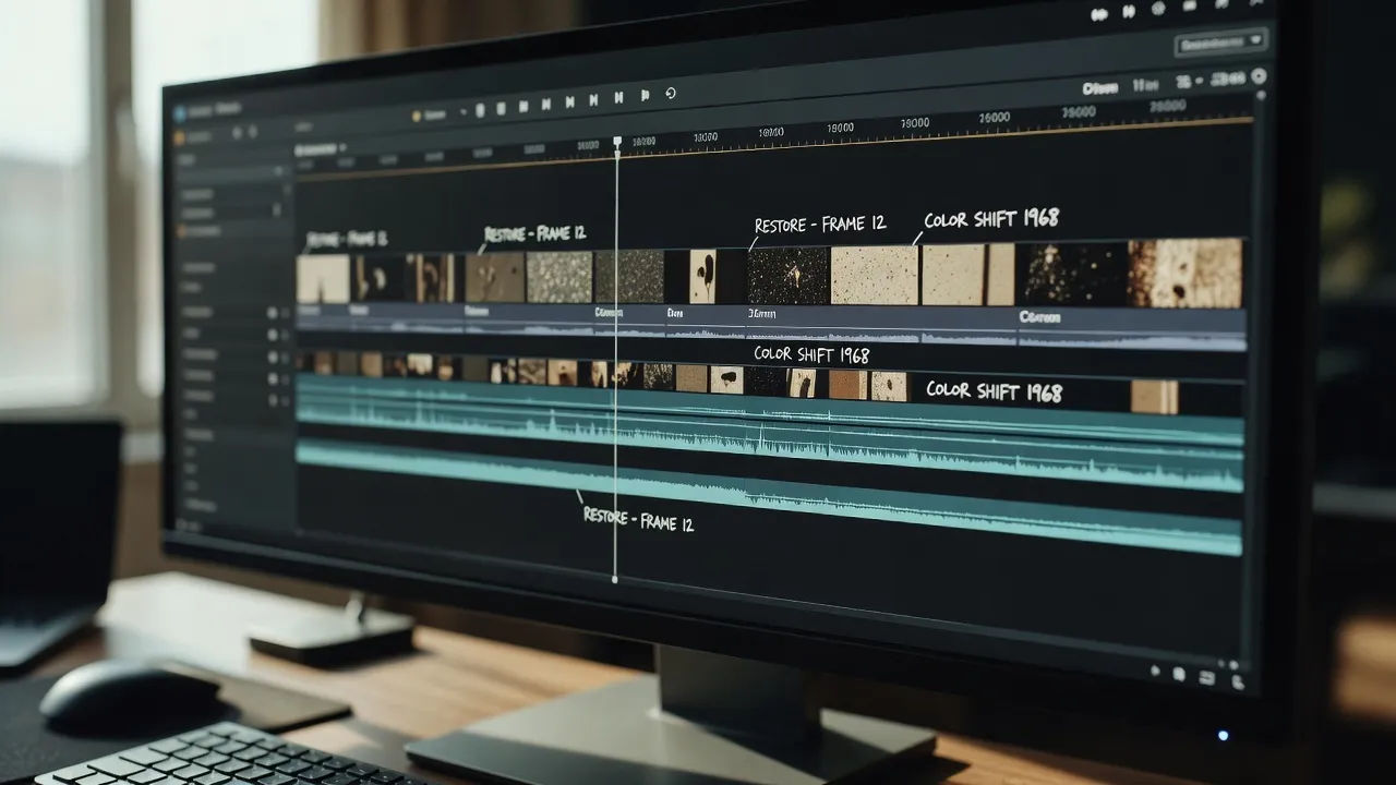 Editing timeline with archival clips and annotated notes on screen