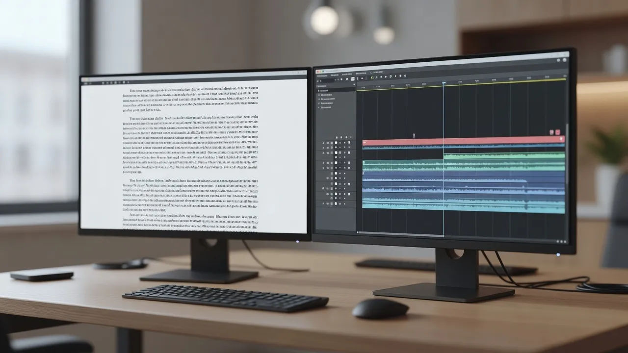 Long-form script on one monitor beside a video timeline on another