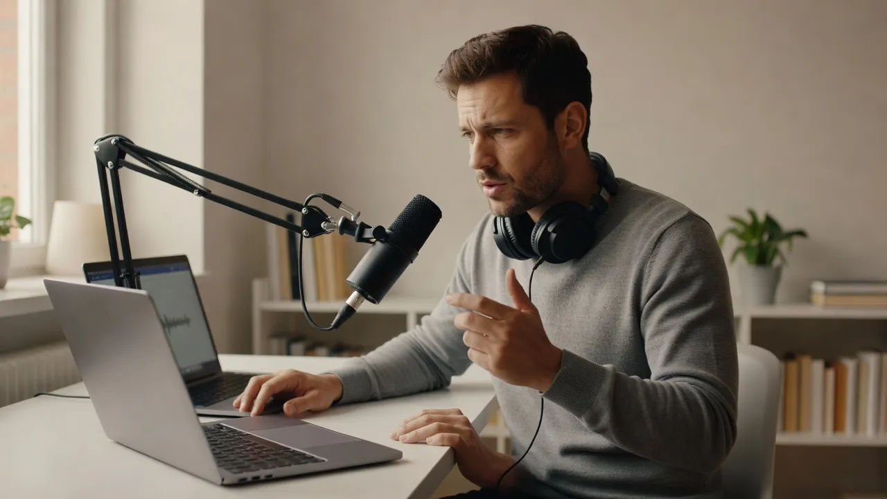 Creator directing an essay narration at a quiet desk setup