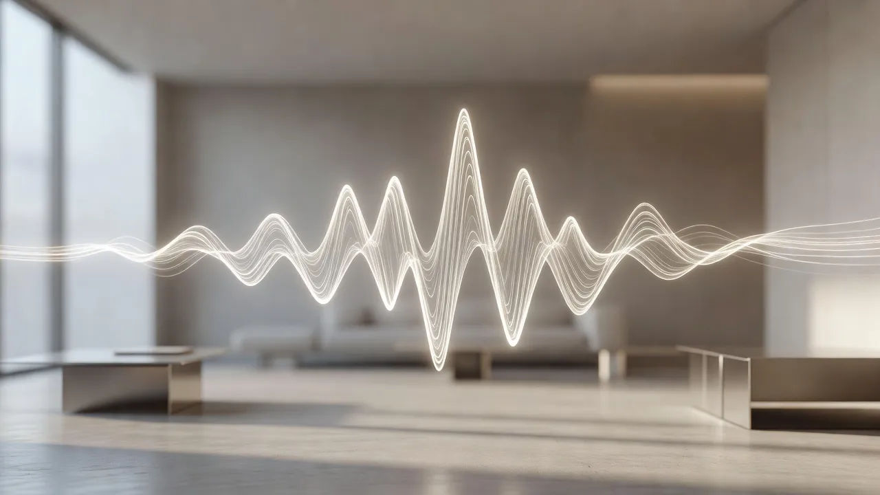 Short caption line flowing into a tight energetic waveform