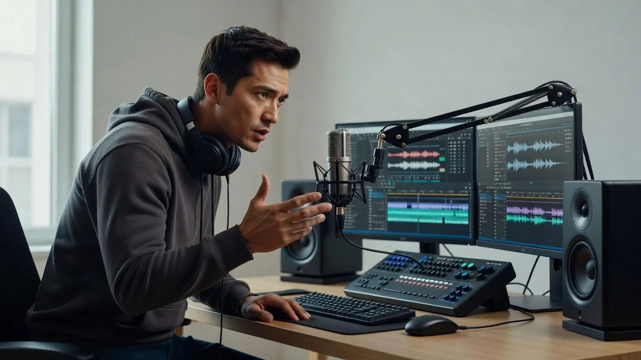 Creator directing a hook voice at a compact editing setup