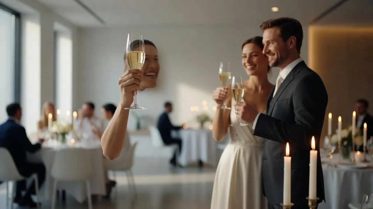 Guest raising a glass mid-toast at a candlelit reception, couple smiling nearby