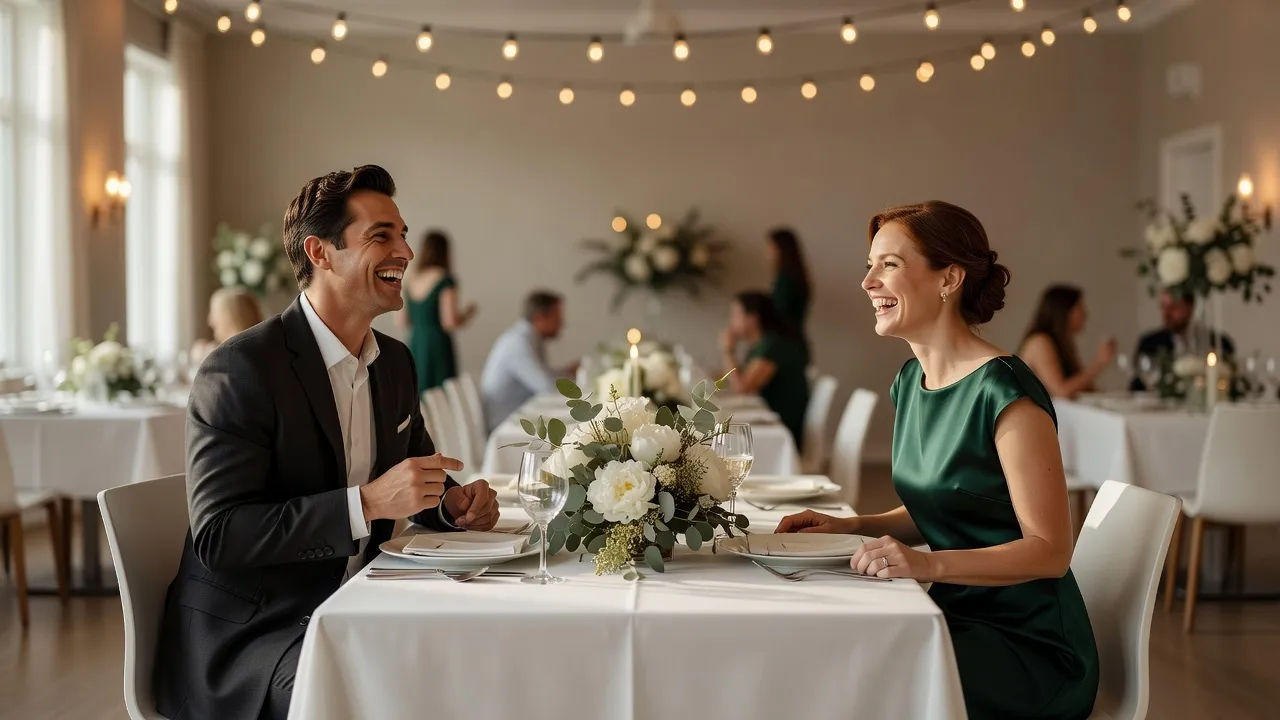 Two guests sharing a laugh at a decorated reception table under warm lights
