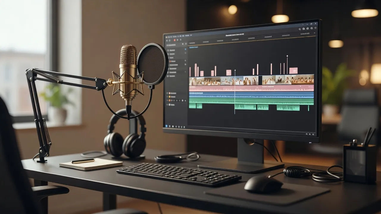Editing desk with a wedding highlight timeline and a warm vocal mic