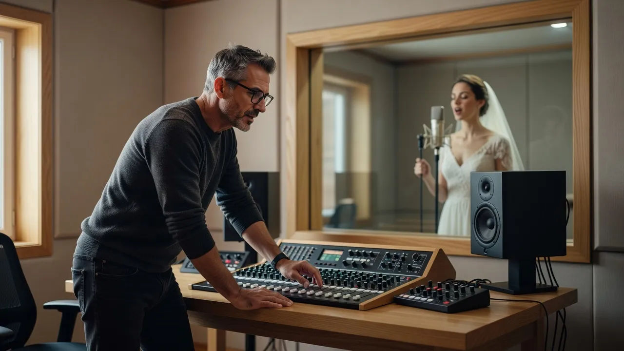 Producer directing a wedding voice at a cozy studio console