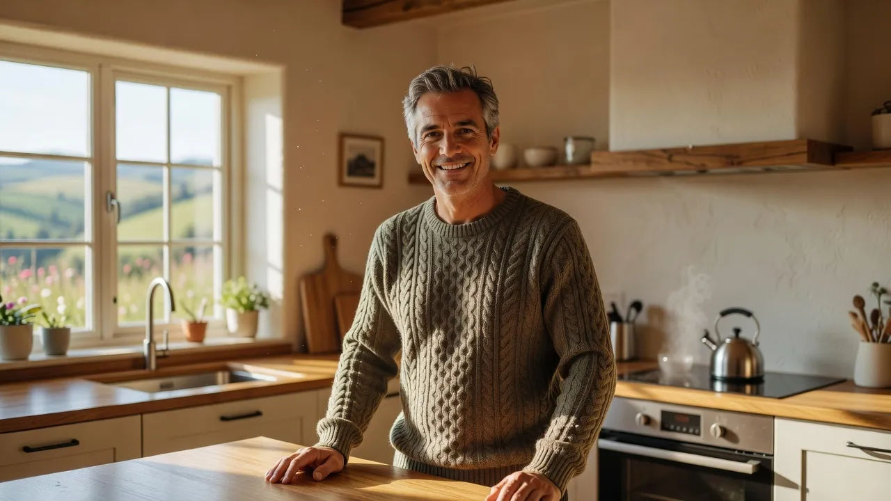 A friendly narrator in a hillside cottage kitchen, warm light, speaking to camera