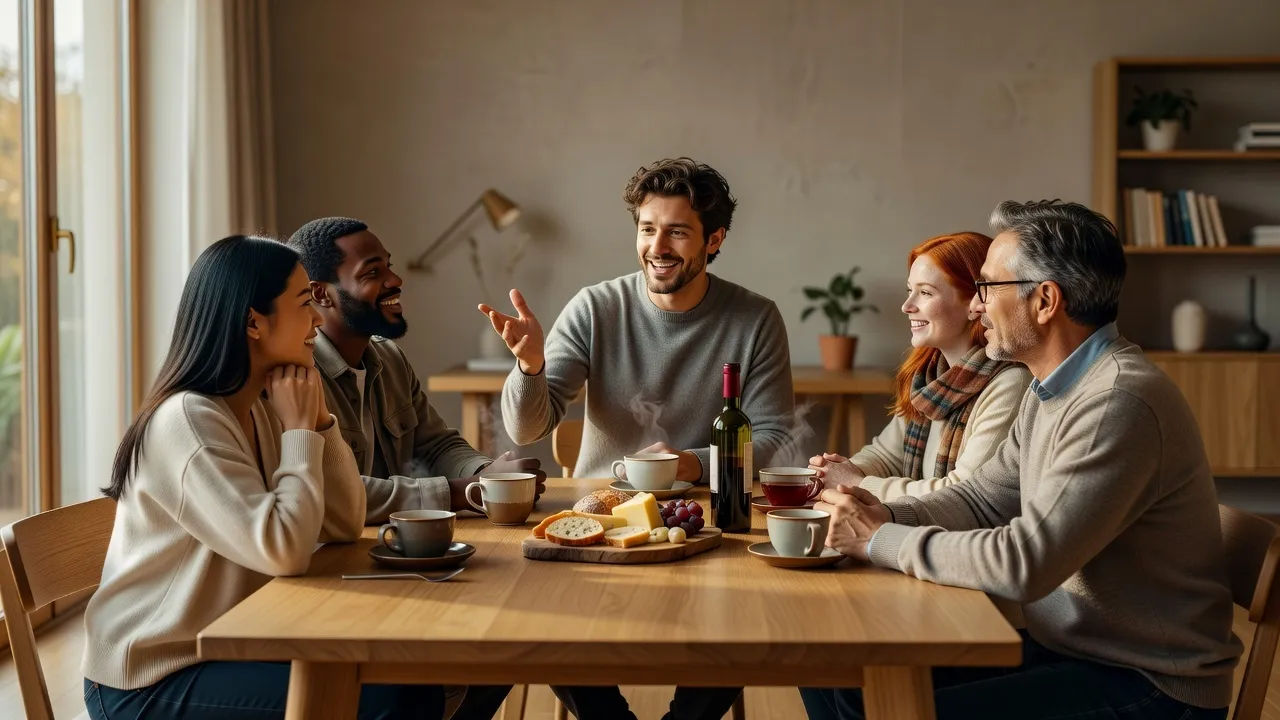 A group of characters around a table, one mid-story, cosy interior