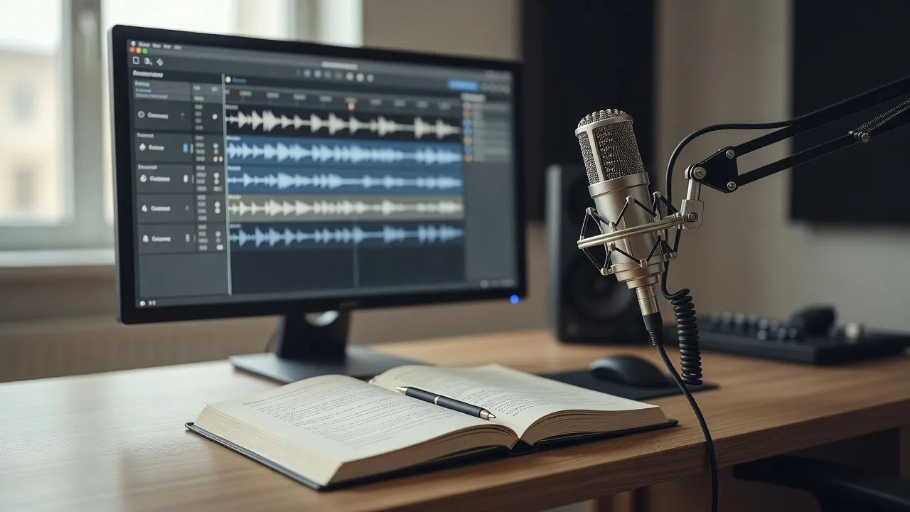 An audiobook editing screen with a script open beside a microphone