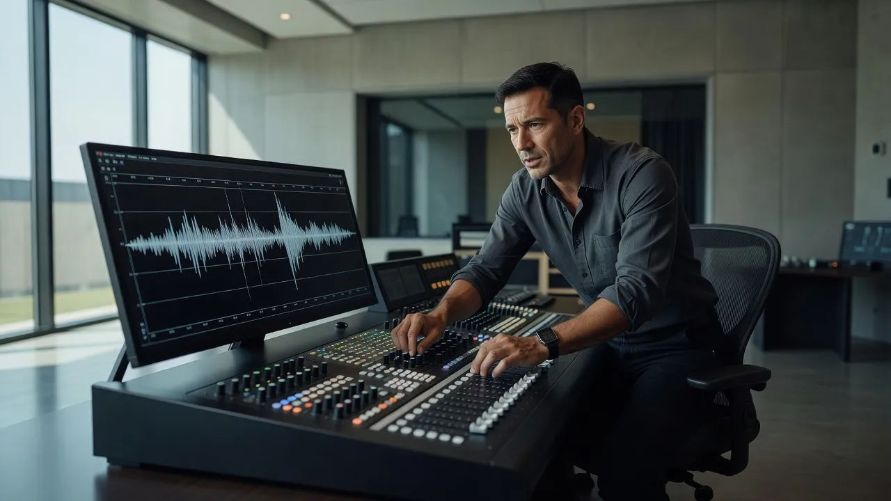 A sound designer directing a voice at a console, waveform on the monitor