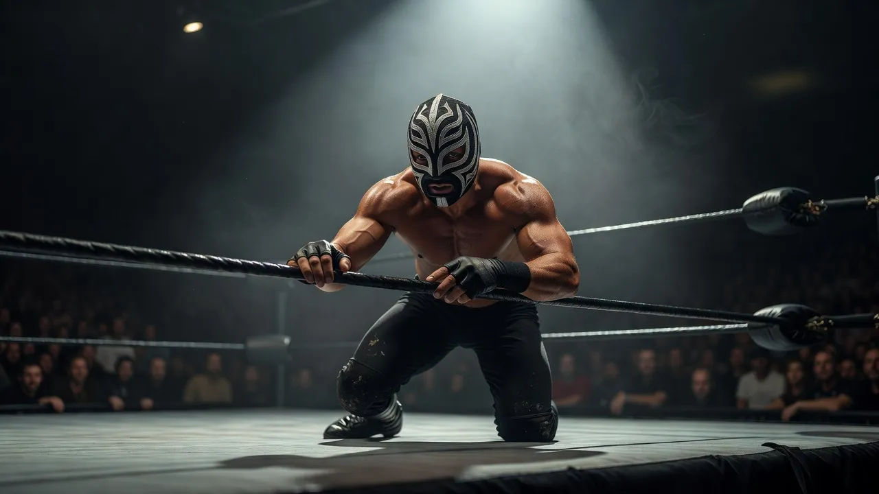 Masked performer on the ring apron mid-promo, spotlight and haze