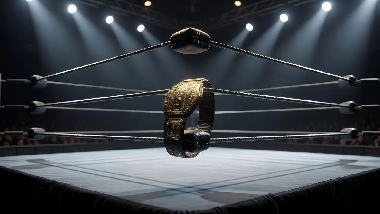 Wrestling ring under arena spotlights with a title belt on the rope