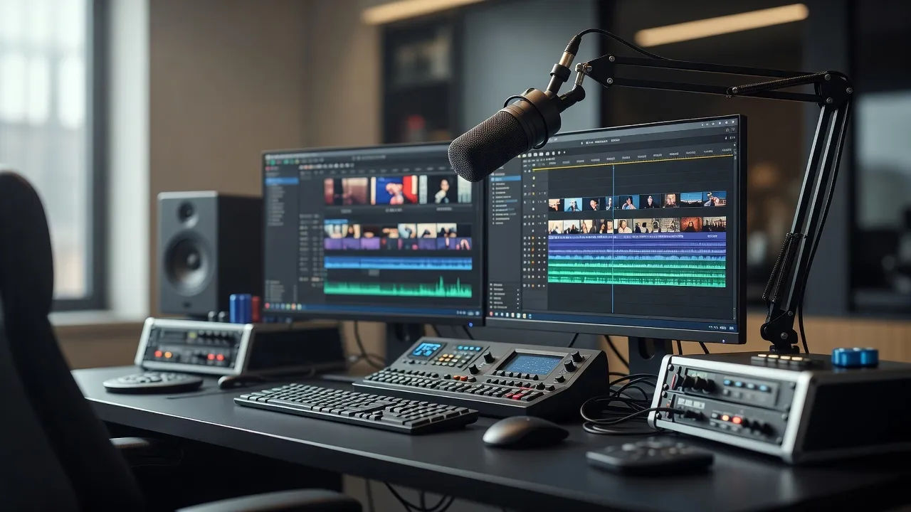 Editing bay with an event trailer timeline and a booming promo mic