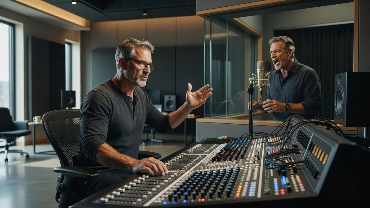 Sound designer directing a booming promo voice at a console
