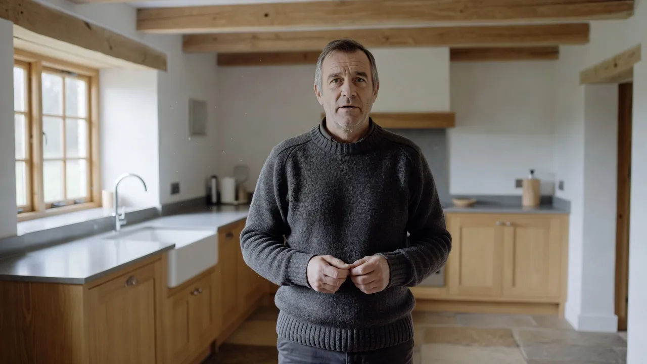 A plain-spoken character in a dales farmhouse kitchen speaking to camera