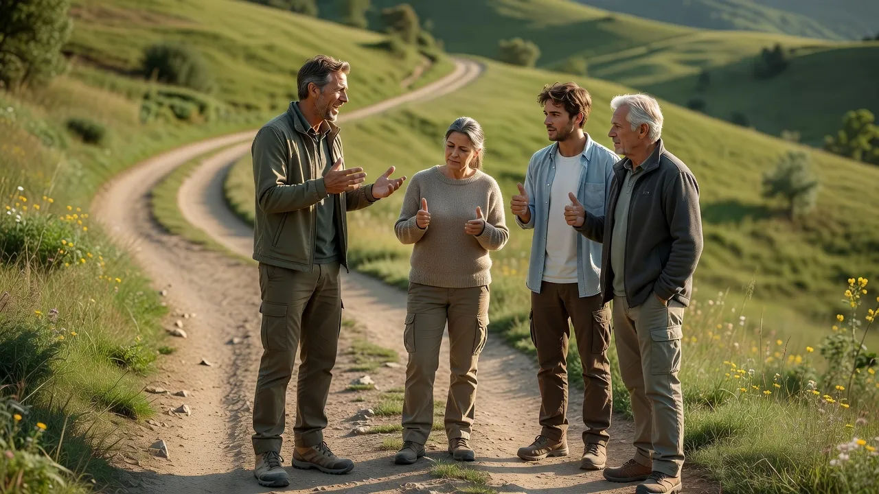 A set of characters on a hillside path, one mid-story, others nodding