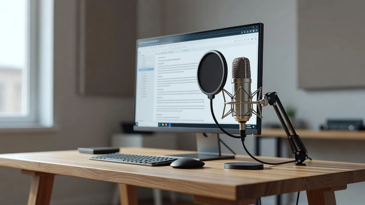 A course-authoring screen with a script open beside a microphone
