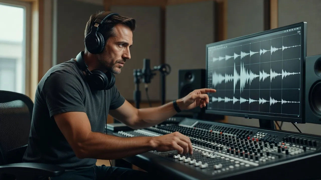 A sound designer directing a voice at a console, waveform on the screen