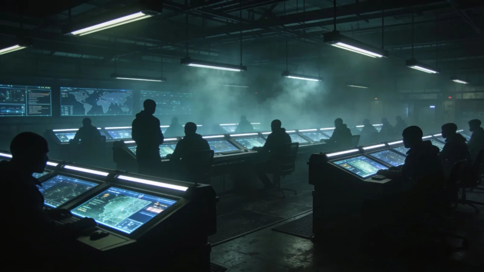 Dim tactical command room with glowing consoles