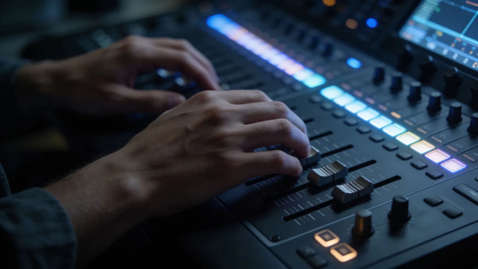 Hands on audio console in steel-blue light