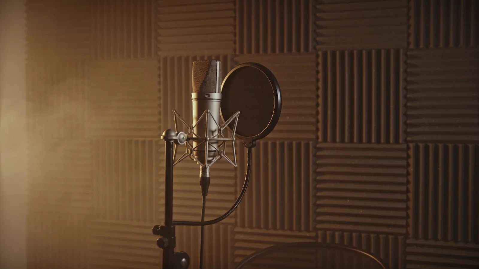 Warm dubbing recording booth with lone microphone