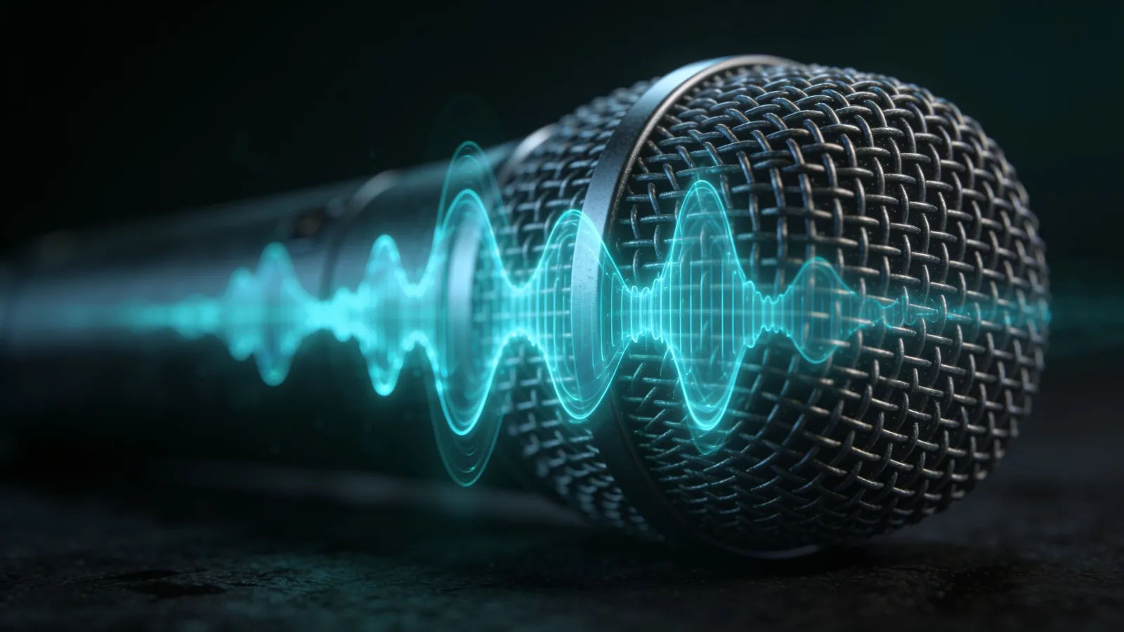 Glowing cyan waveform across a studio microphone