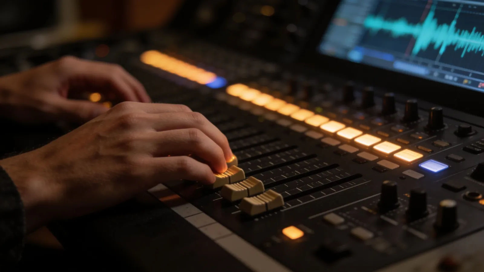 Hands at a glowing audio console