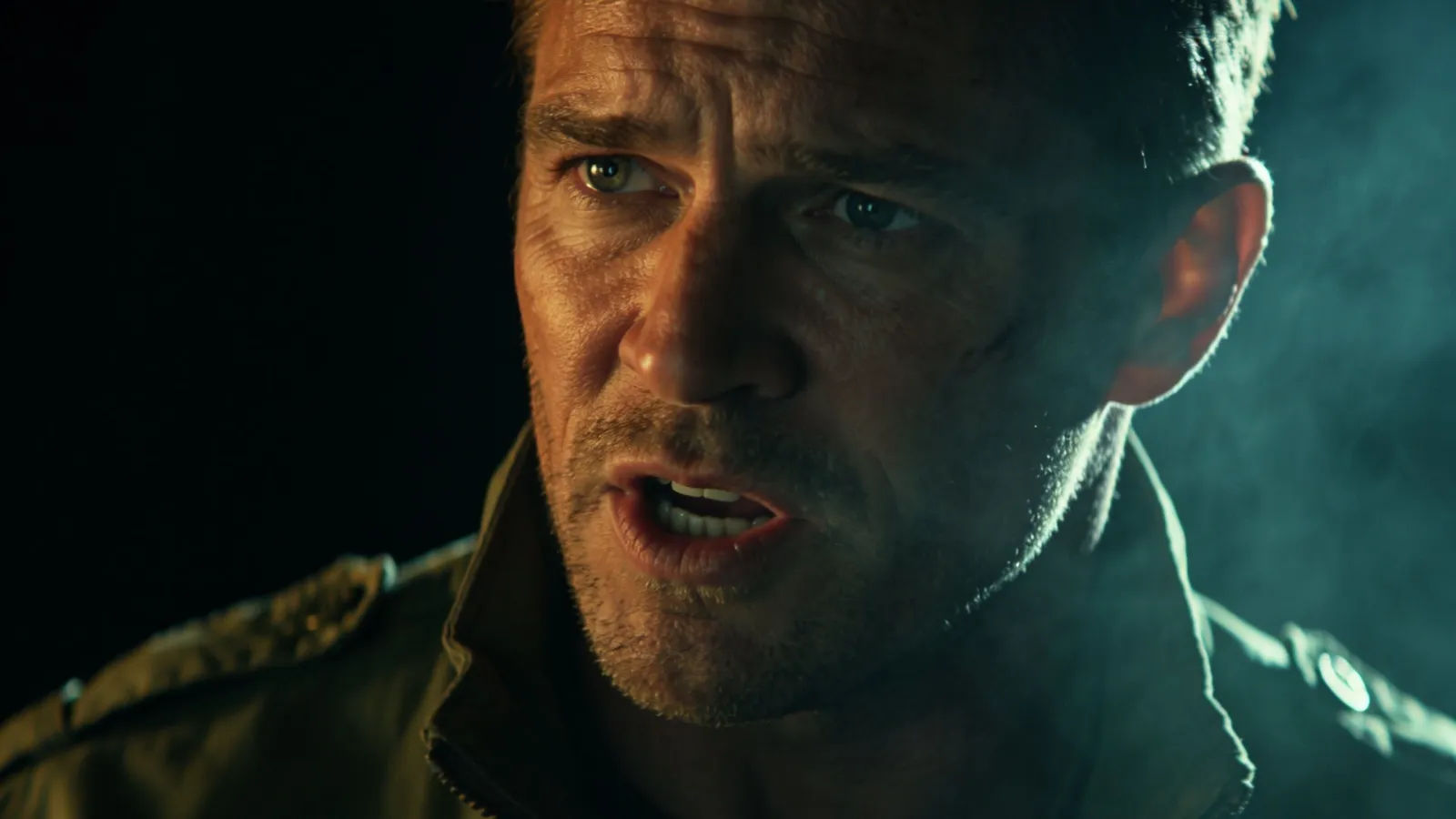 Rugged generic action hero portrait mid-command