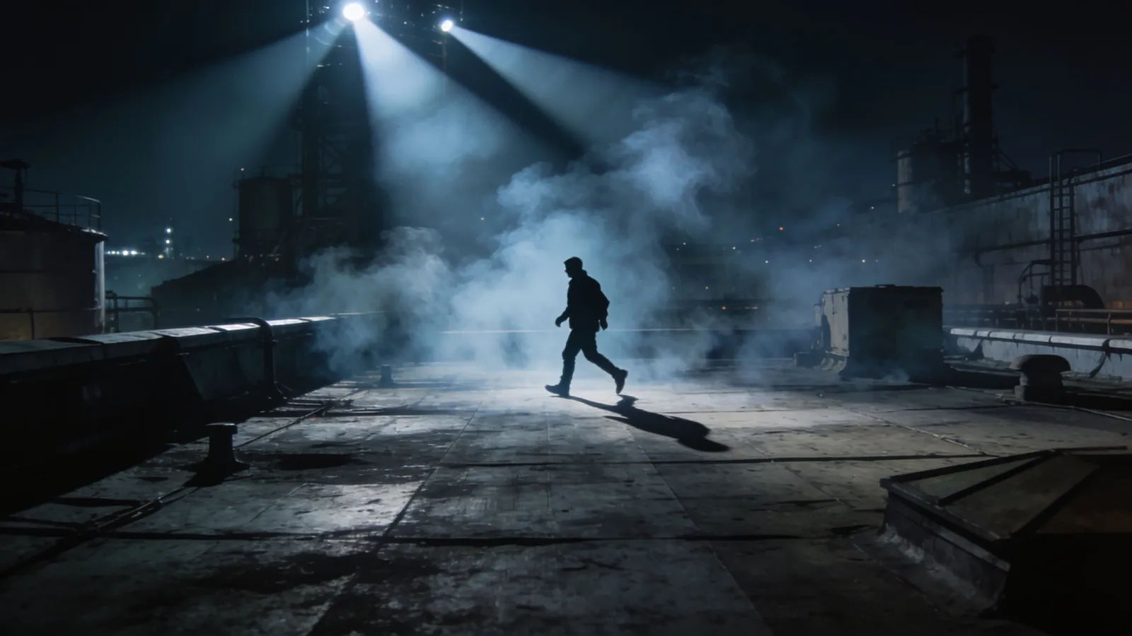 Lone figure crossing smoke-filled nighttime rooftop