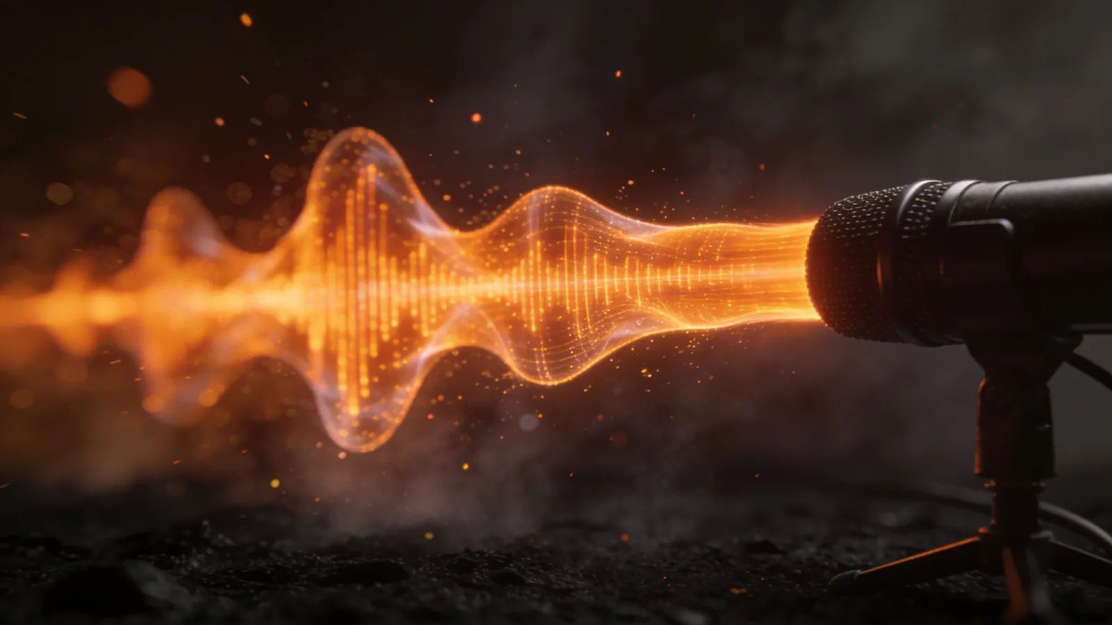Glowing orange soundwave rising from studio microphone