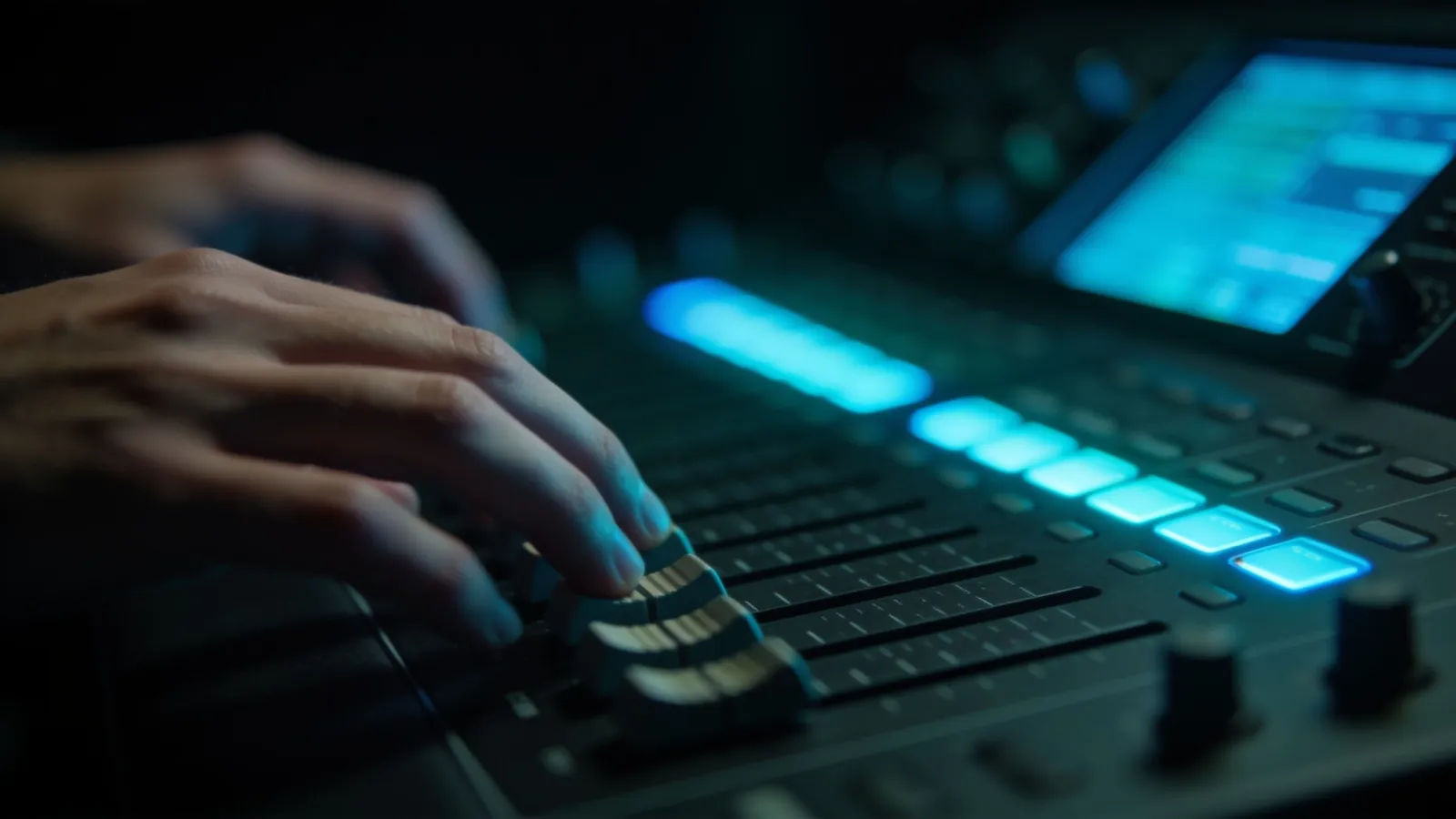 Hands on darkened console with blue audio UI