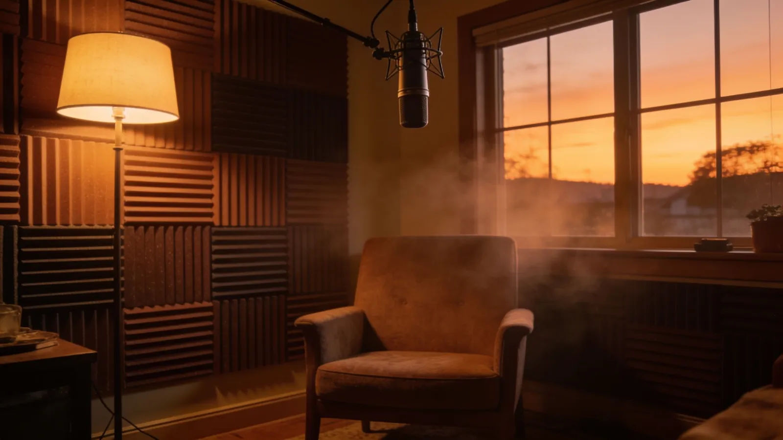 Cozy home podcast studio with microphone at dusk