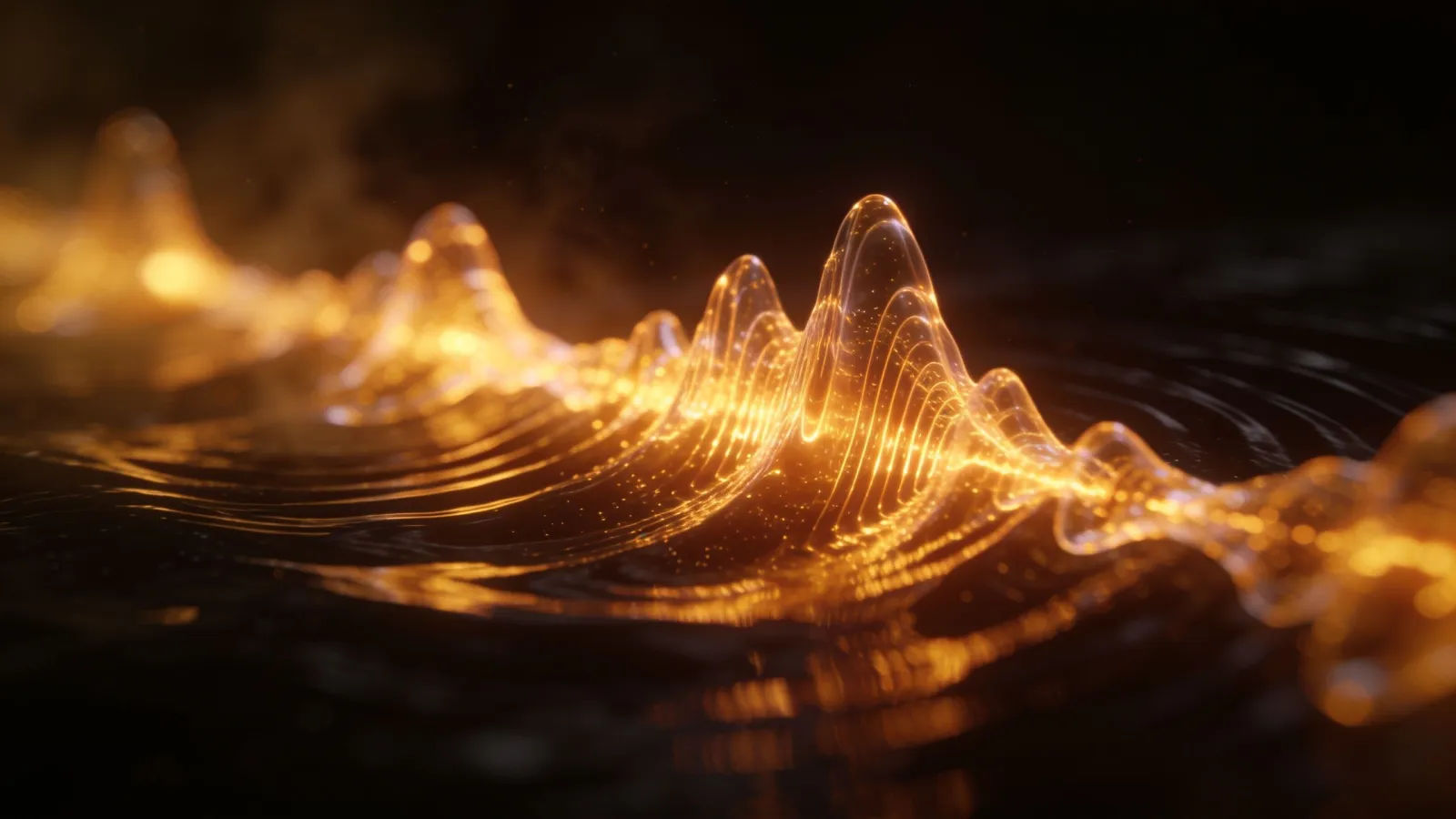 Glowing warm amber audio waveform in dark haze