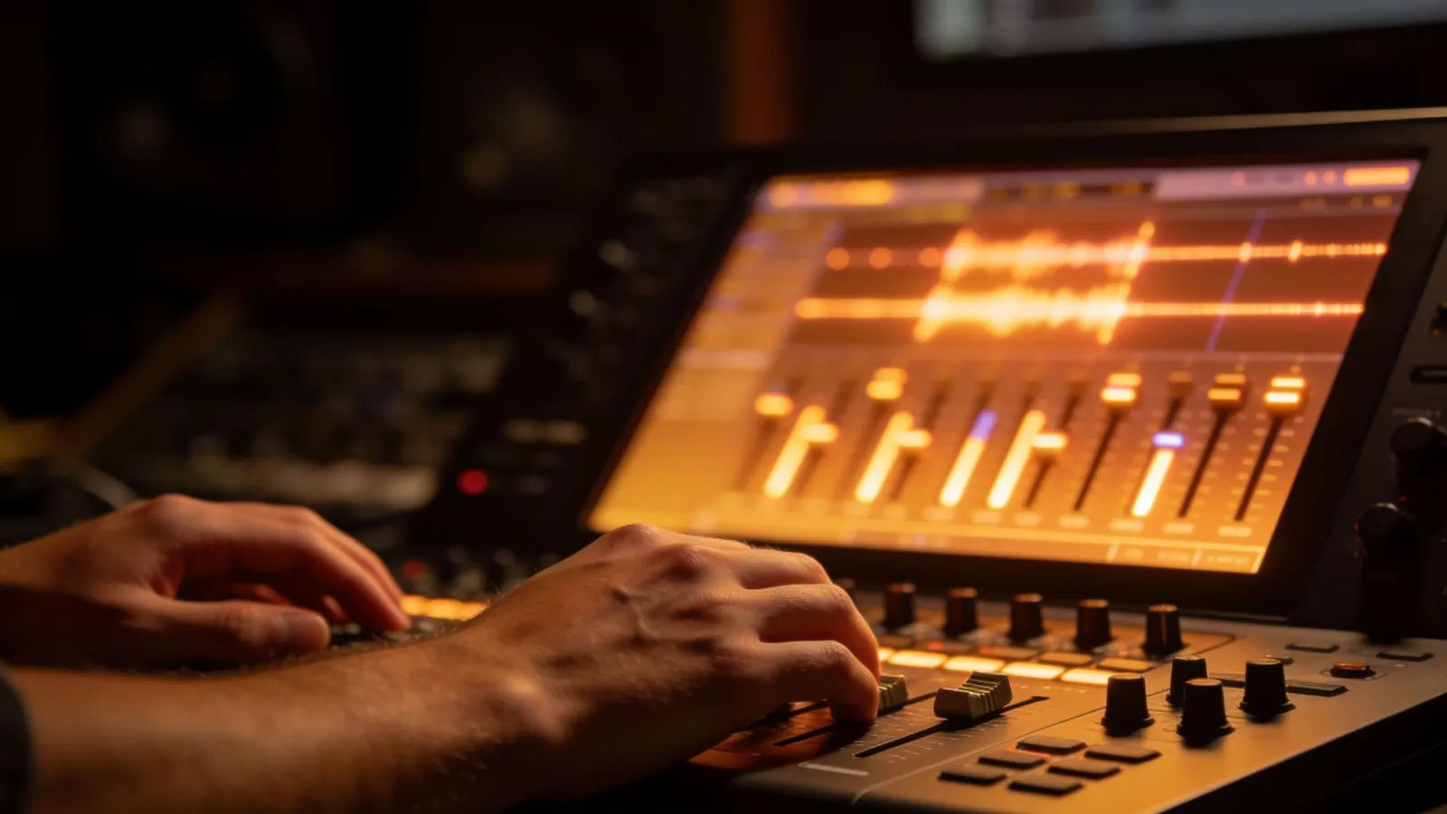 Hands on audio console with glowing waveform screen