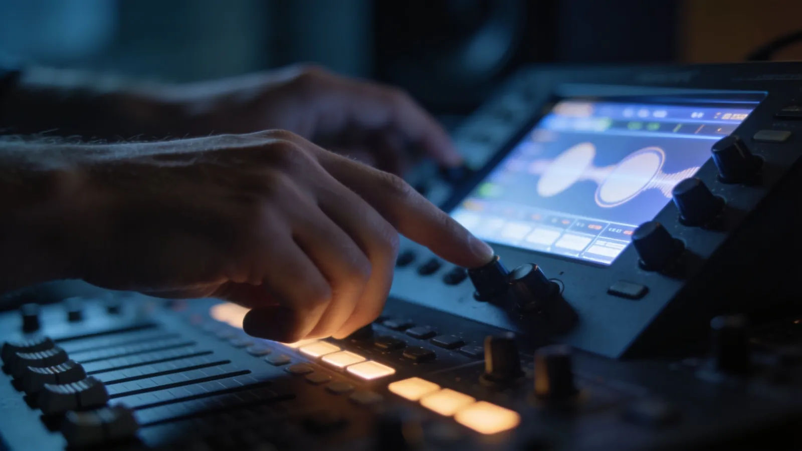 Creators hands at an illuminated audio console