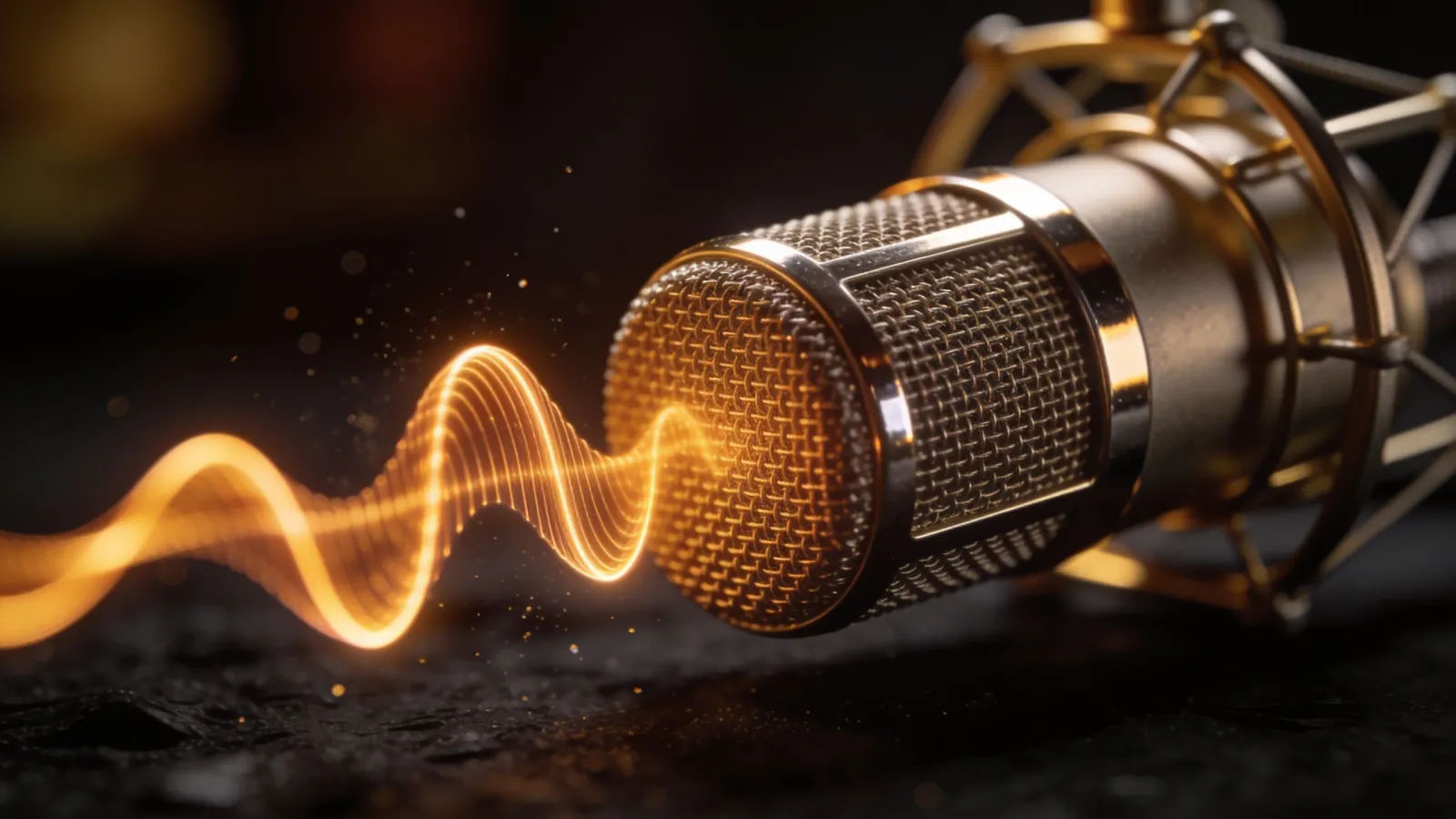 Studio microphone with glowing amber waveform