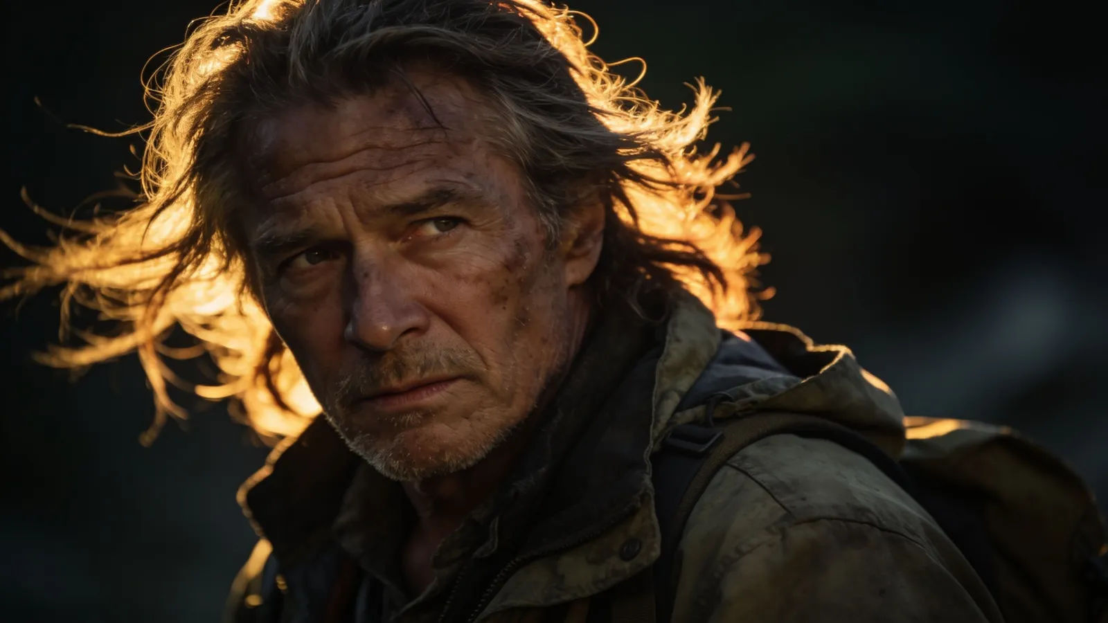Rugged lone explorer in cinematic amber-lit portrait